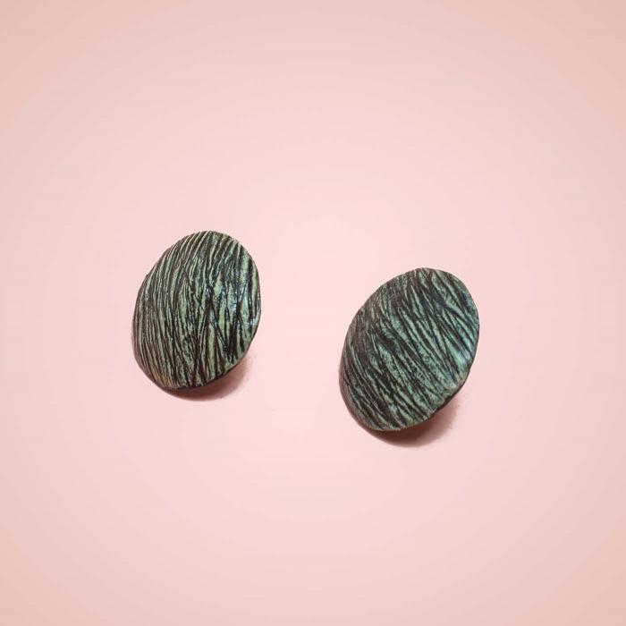 Papier-Mache Earrings - Studs - Green Segmental Dome