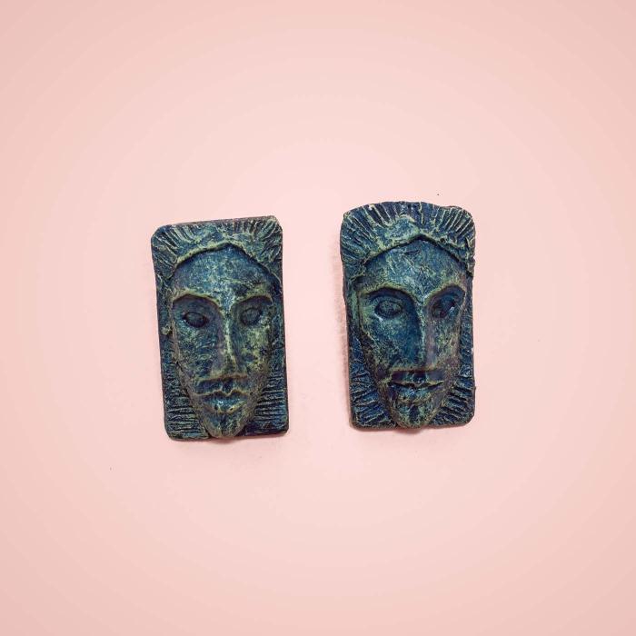 Papier-Mache Earrings- Studs - Teal Masks
