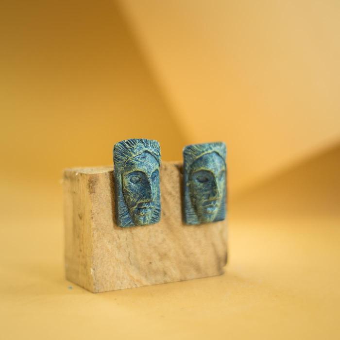 Papier-Mache Earrings- Studs - Teal Masks