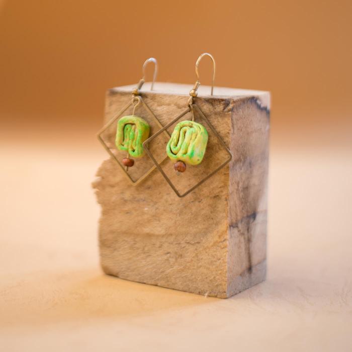 Papier Mache Ziggy Diamond Earrings - Green