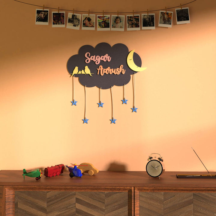 Two Names Dark Grey Cloud Name Plate Blue Stars - Mounted on Wall with Hanging Stars