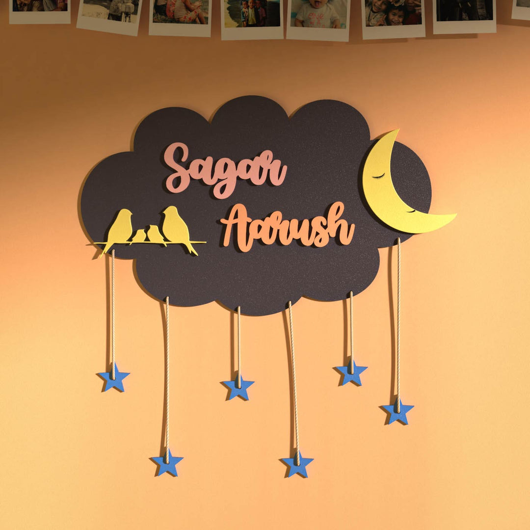 Two Names Dark Grey Cloud Name Plate Blue Stars - Front View Hanging on Wall