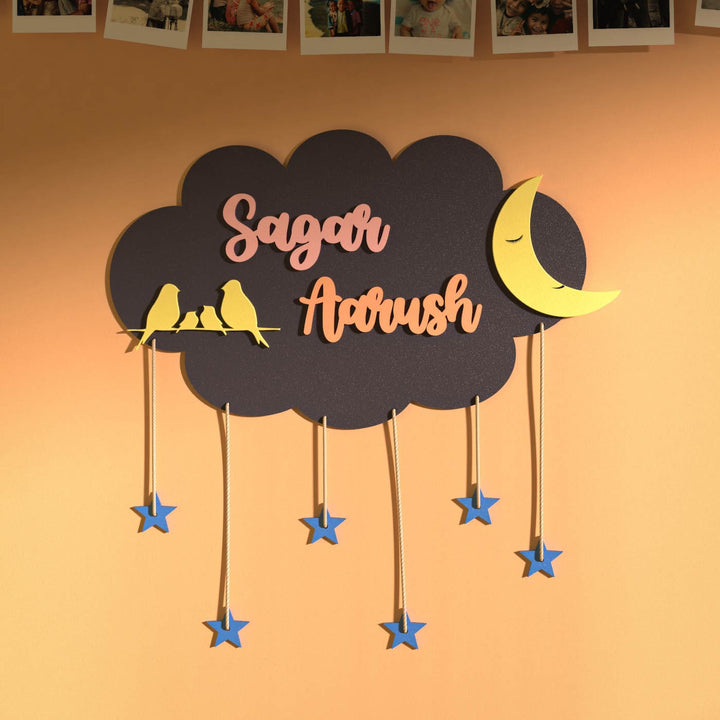 Two Names Dark Grey Cloud Name Plate Blue Stars - Front View Hanging on Wall