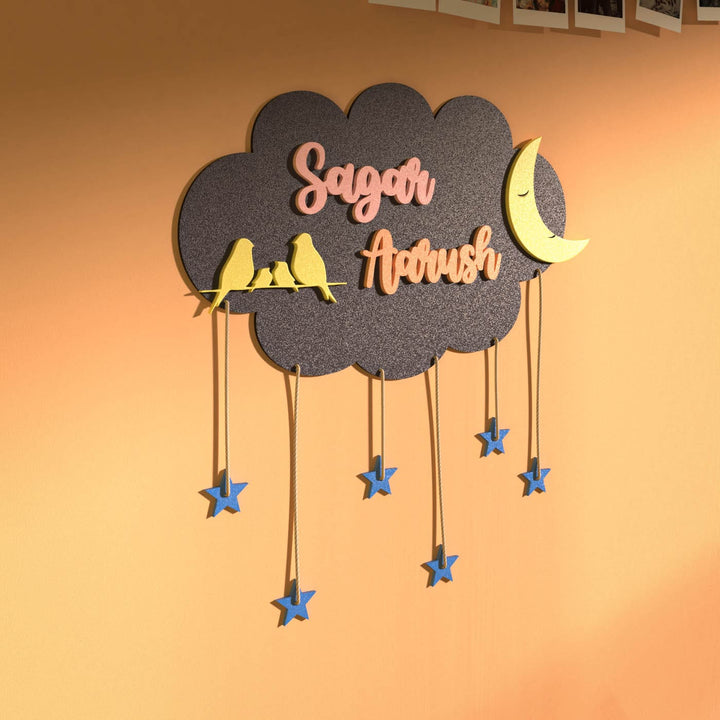 Two Names Dark Grey Cloud Name Plate Blue Stars - Mounted on Wall Showing Hanging Stars