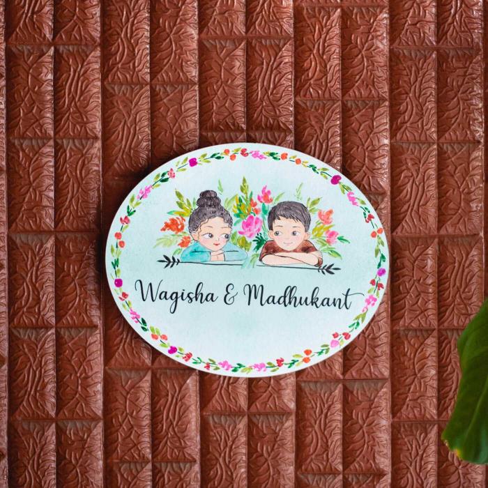 Oval Hand-painted Couple Character Nameboard