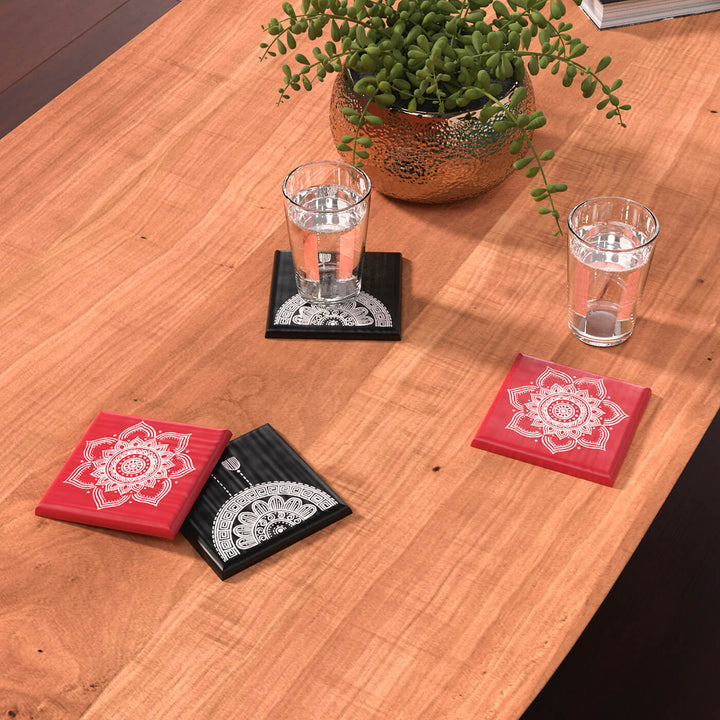 Handpainted Aipan Coasters (Set of 4) - Red & Black