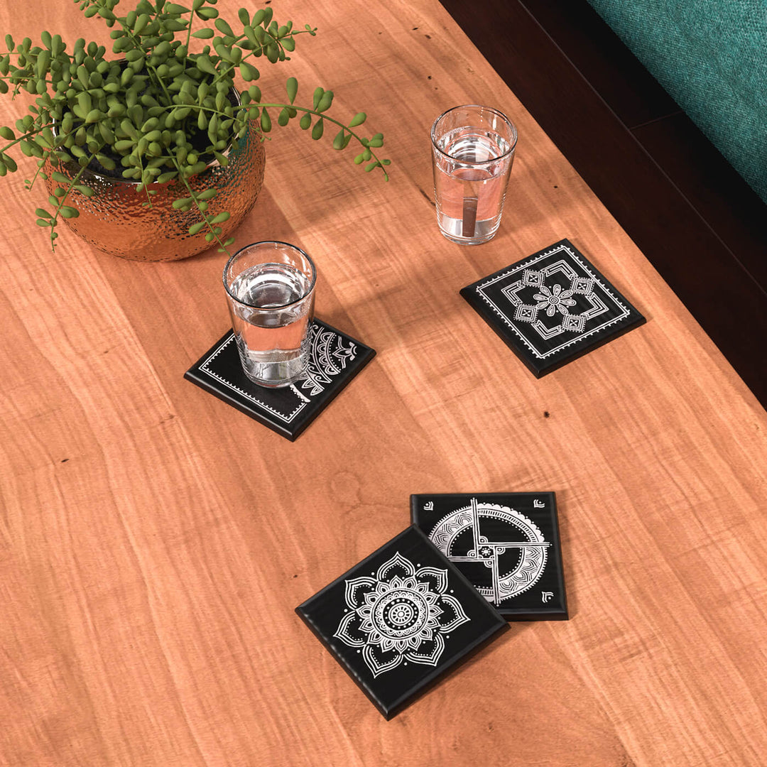 Handpainted Aipan Coasters (Set of 4) - Black