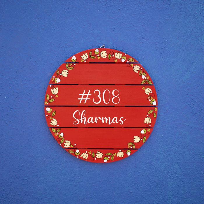 Coral Red Madhubani Circle Name Plate - Front View Hanging on Wall