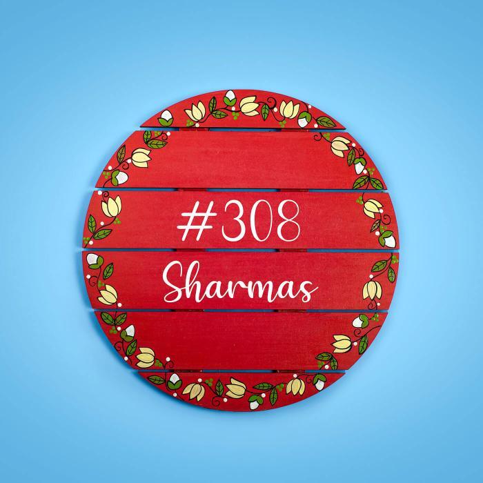 Coral Red Madhubani Circle Name Plate - Front View with Name Personalization
