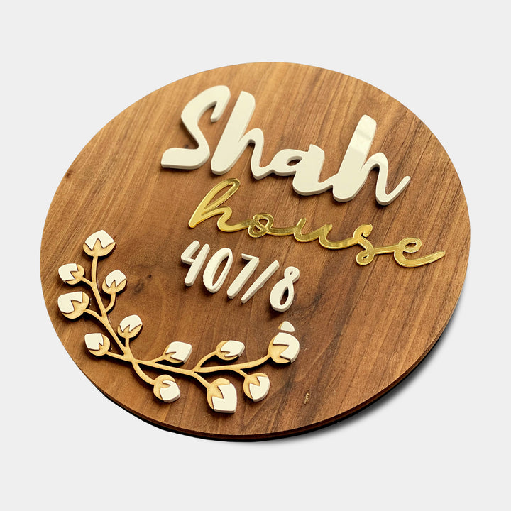 Personalised Wooden Round Floral Nameplate