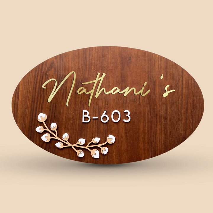 Personalised Wooden Oval Floral Nameplate