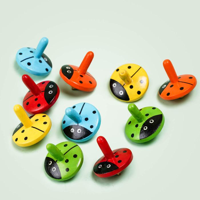 Channapatna Spinning Tops - Multicolor Lady Bugs - Set of 5