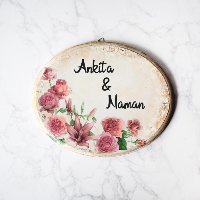 Decoupage Oval Name Board with Floral Artwork