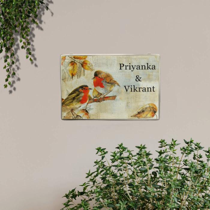 Decoupage Rectangle Couple Name Board with Birds Artwork