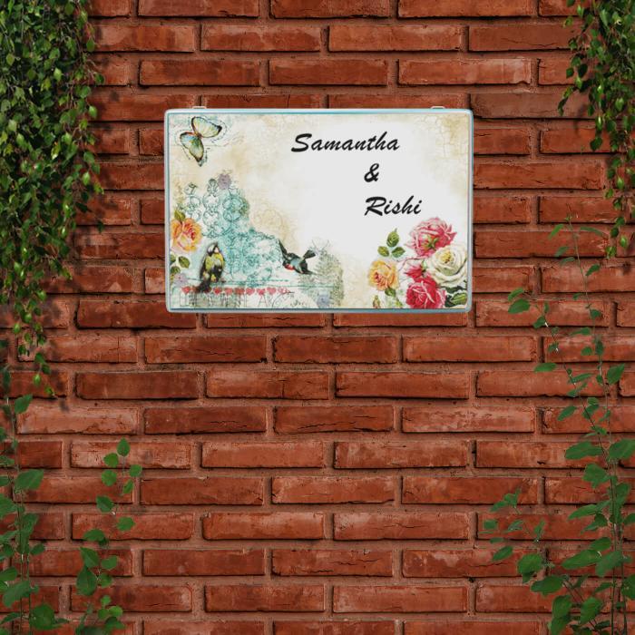 Decoupage Rectangle Couple Name Board with Butterfly Artwork