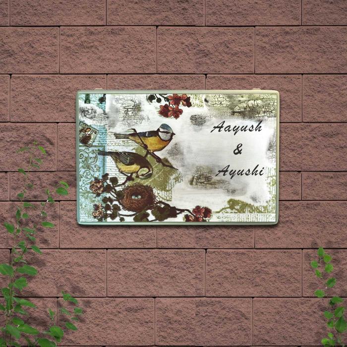 Decoupage Rectangle Couple Name Board with Nest Artwork