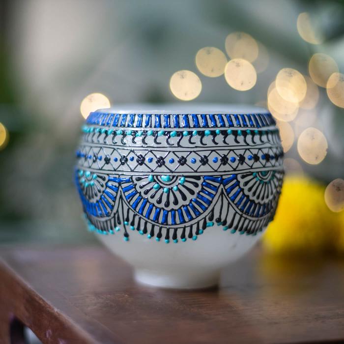 Mehendi Border Art - Bowl Candle - Teal & Blue