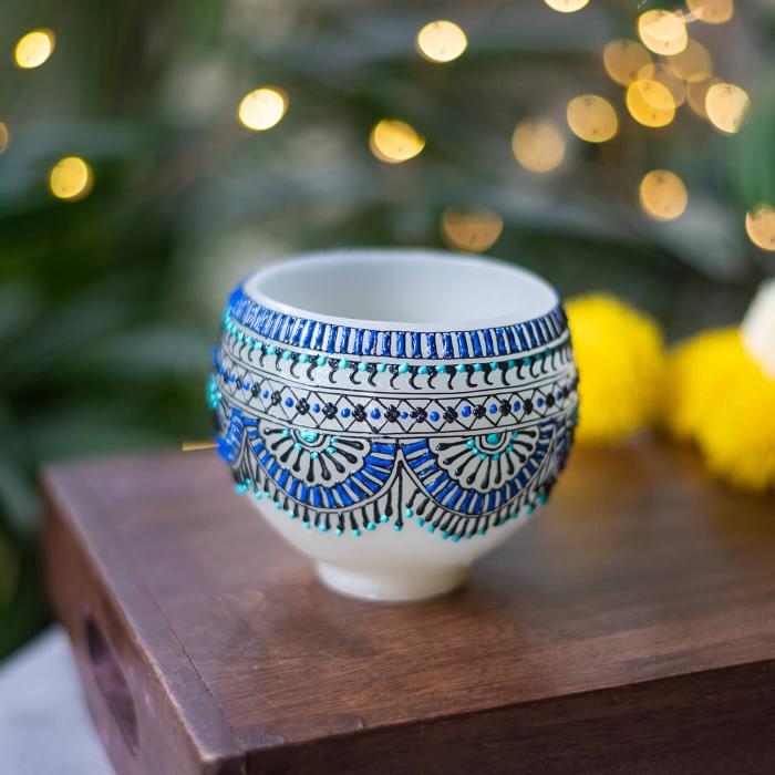 Mehendi Border Art - Bowl Candle - Teal & Blue