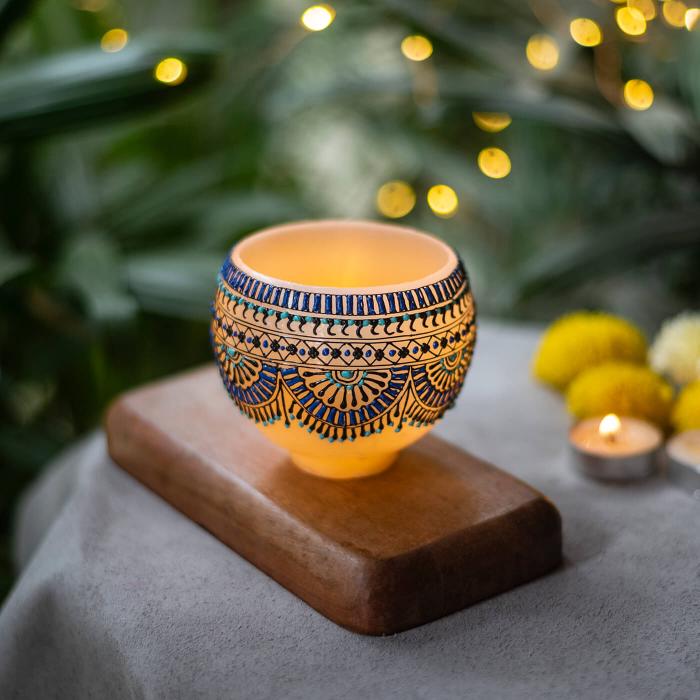 Mehendi Border Art - Bowl Candle - Teal & Blue