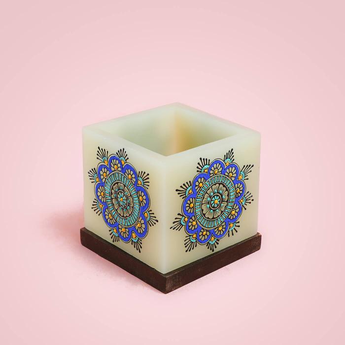 Mehendi Floral Mandala - Hollow Cuboid Candle - Blue