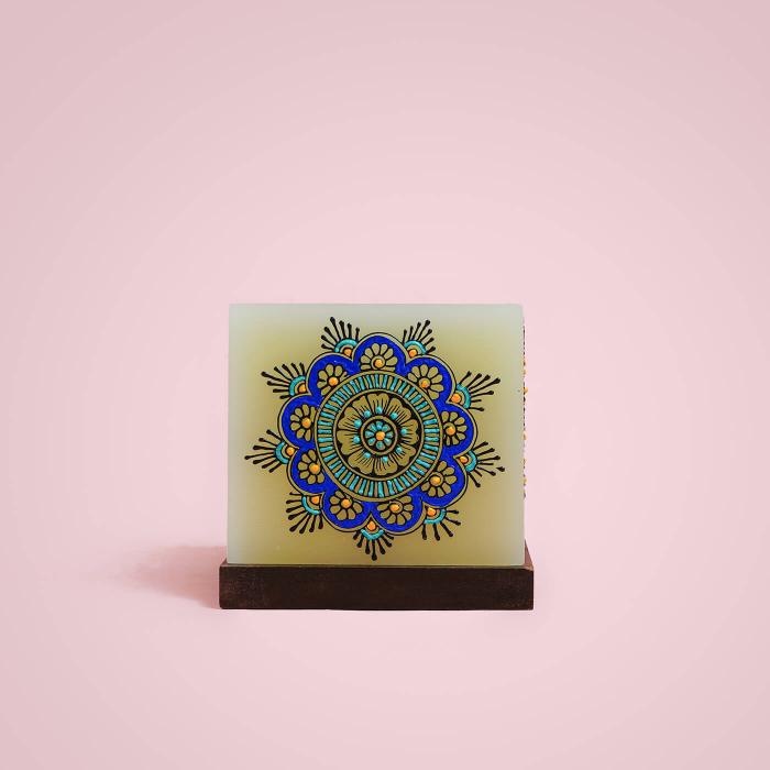 Mehendi Floral Mandala - Hollow Cuboid Candle - Blue