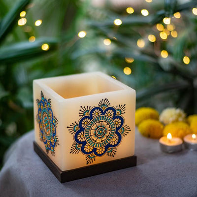 Mehendi Floral Mandala - Hollow Cuboid Candle - Blue