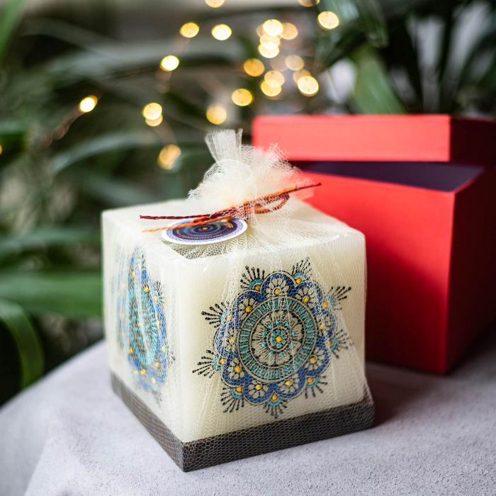Mehendi Floral Mandala - Hollow Cuboid Candle - Blue