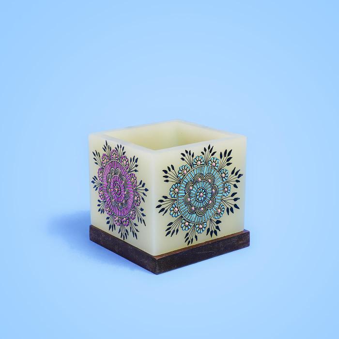Mehendi Floral Mandala - Hollow Cuboid Candle - Pink & Blue