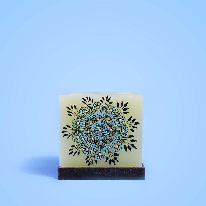 Mehendi Floral Mandala - Hollow Cuboid Candle - Pink & Blue