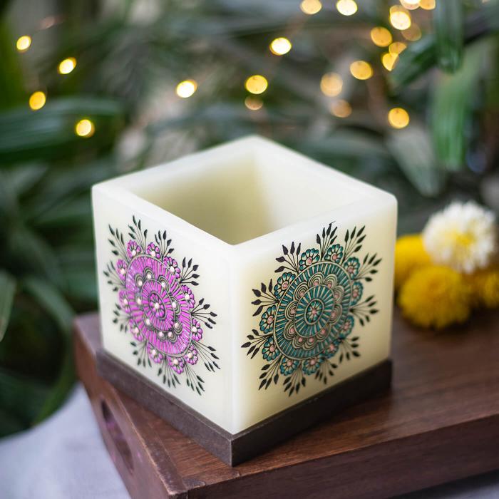 Mehendi Floral Mandala - Hollow Cuboid Candle - Pink & Blue