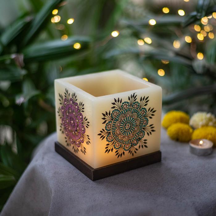 Mehendi Floral Mandala - Hollow Cuboid Candle - Pink & Blue