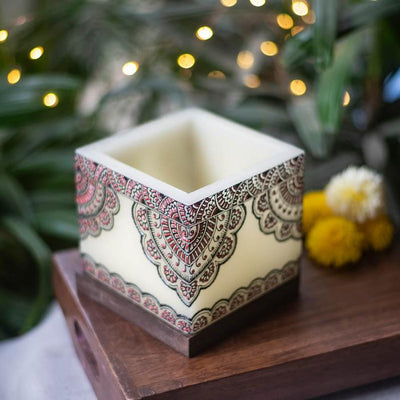 Mehendi Border Art - Hollow Cuboid Candle - Red