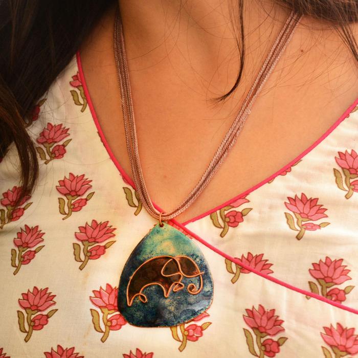 Copper Enamel Pendant - Blue - Elephant