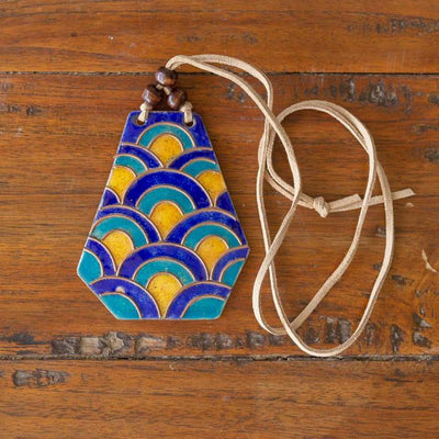 Copper Enamel Pendant - Waves - Blue