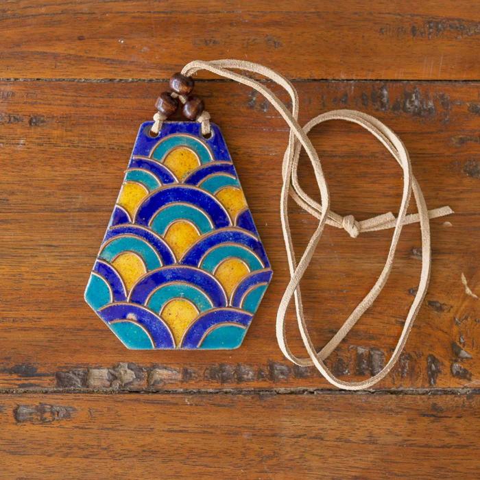 Copper Enamel Pendant - Waves - Blue