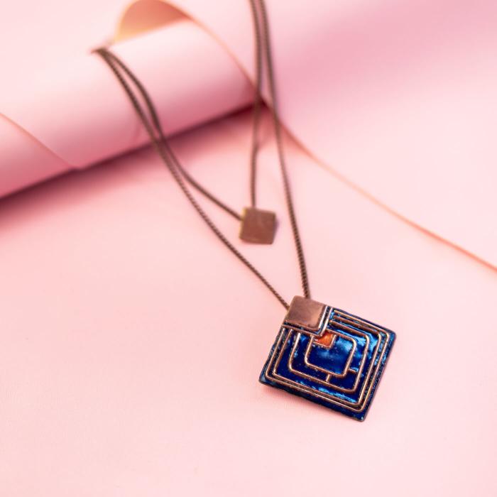 Copper Enamel Pendant - Dark Blue Diamond