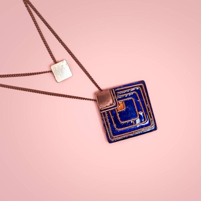 Copper Enamel Pendant - Dark Blue Diamond
