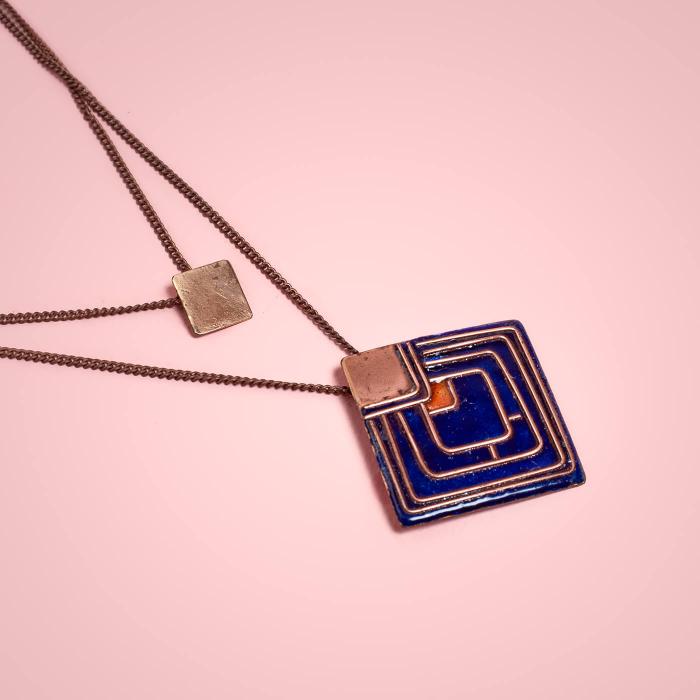 Copper Enamel Pendant - Dark Blue Diamond