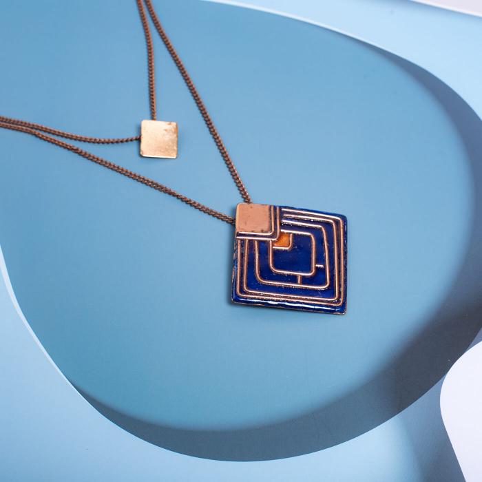 Copper Enamel Pendant - Dark Blue Diamond