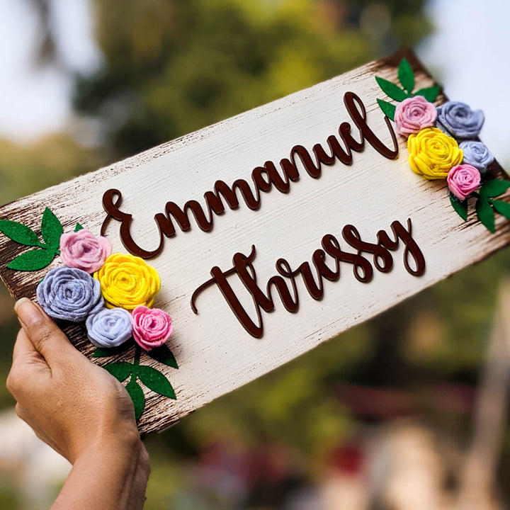 Floral Felt Name Plate For Couples - Held at Angled Close-up