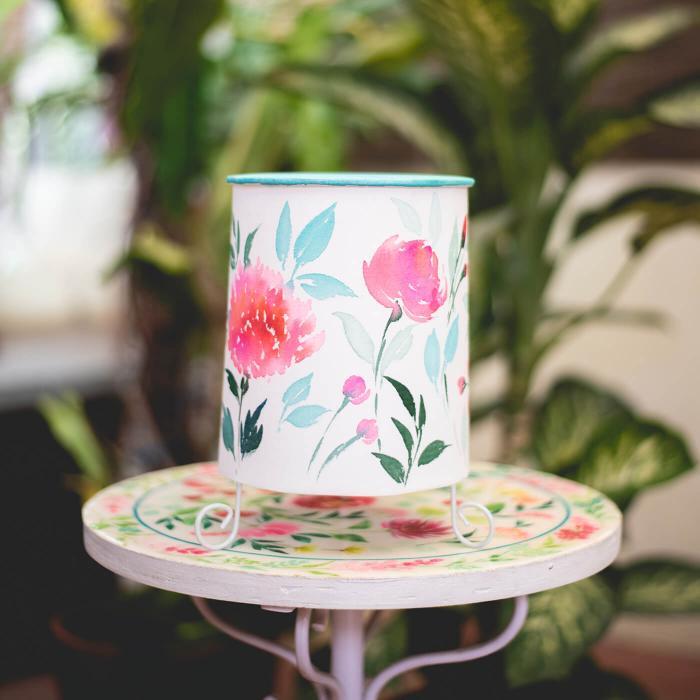 Floral Pink & Light Blue Ombre - Hand-painted Cylindrical Lamp - Zwende