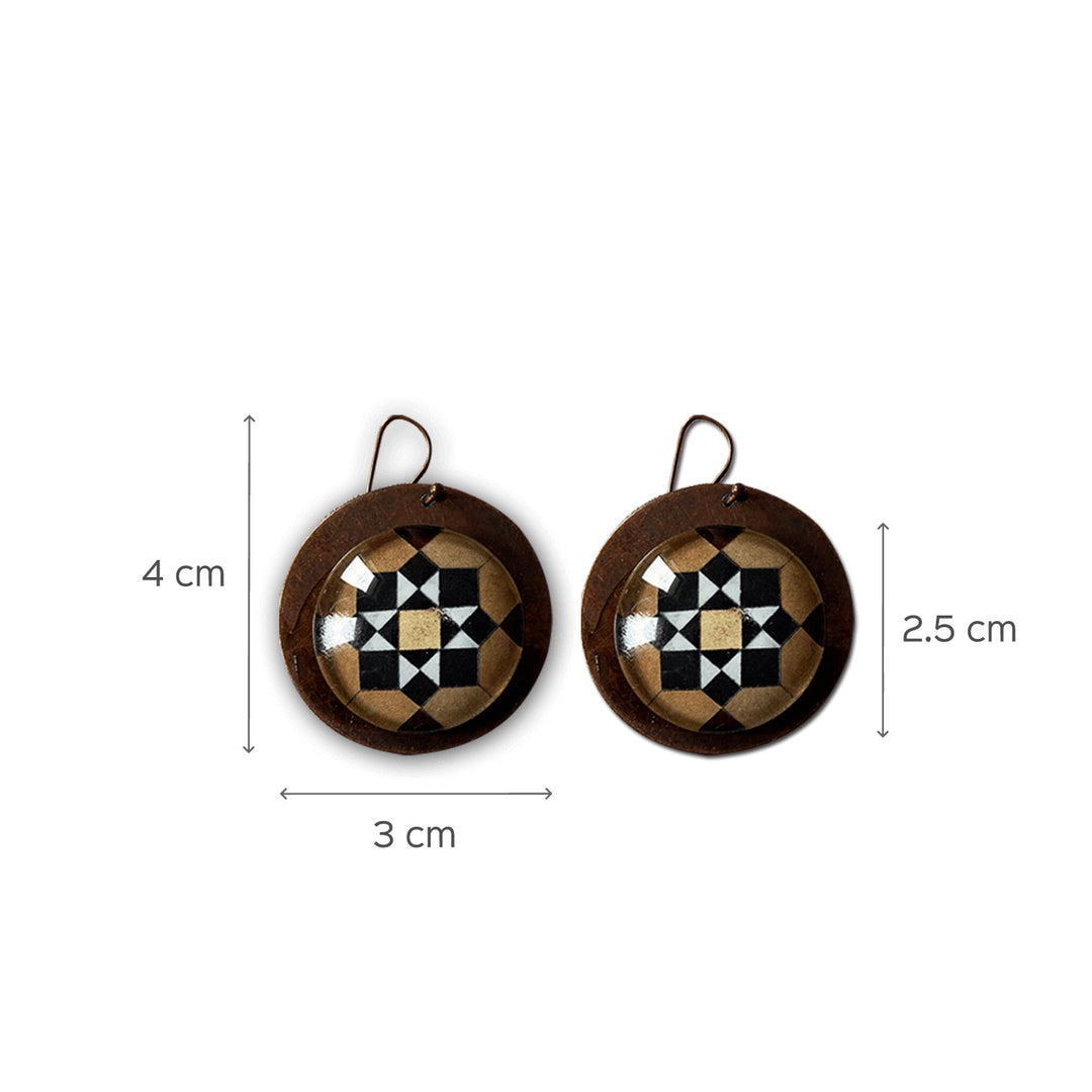 Black Minton Tile Copper Earrings - Flower