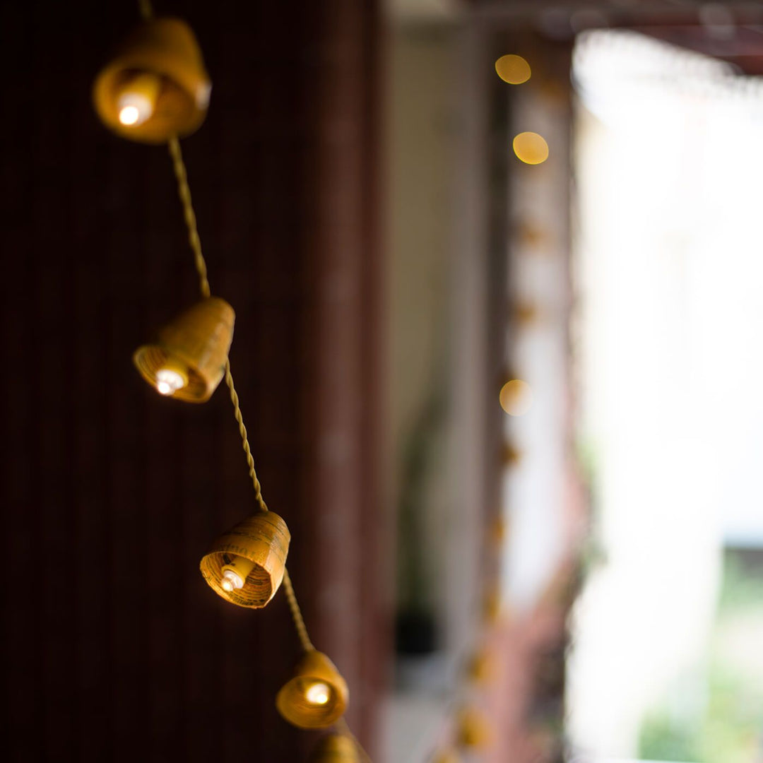 Upcycled Newspaper Indian Fairy Lights - Yellow