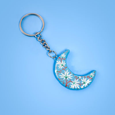 Paper Mache Keychain- Moon - Blue & White
