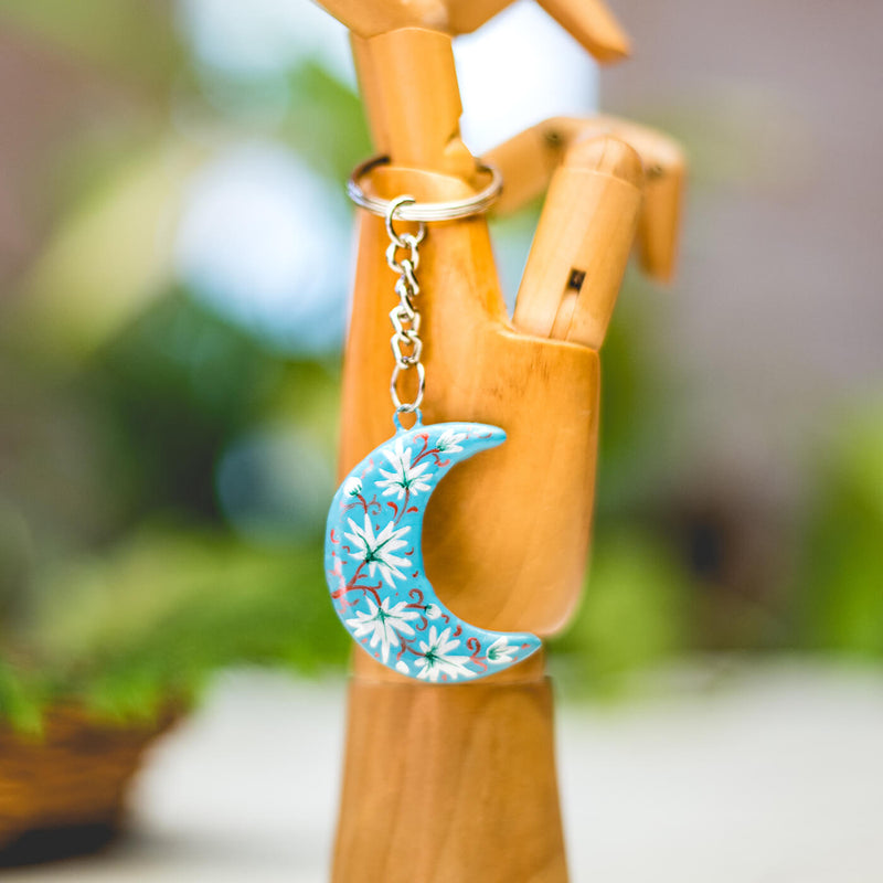 Paper Mache Keychain- Moon - Blue & White
