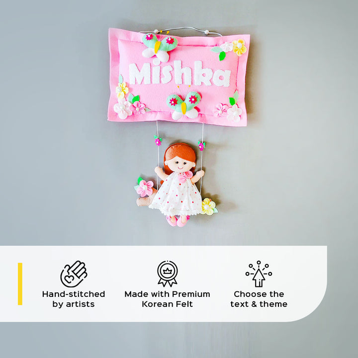 Hand-stitched Pillow & Swing Theme Felt Kids Name Plate for Siblings