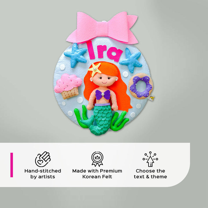 Hand Stitched Mermaid Themed Felt Kids Name Hanging - Front View with Name Personalization (5)