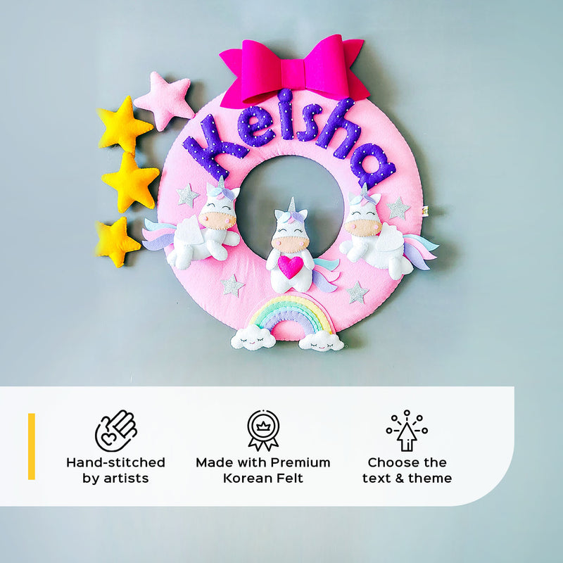 Hand-stitched Unicorn Themed Felt Nameplate For Girls