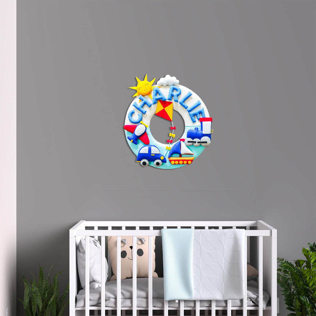 Hand Stitched Car Themed Felt Kids Name Hanging - Mounted Above Crib View