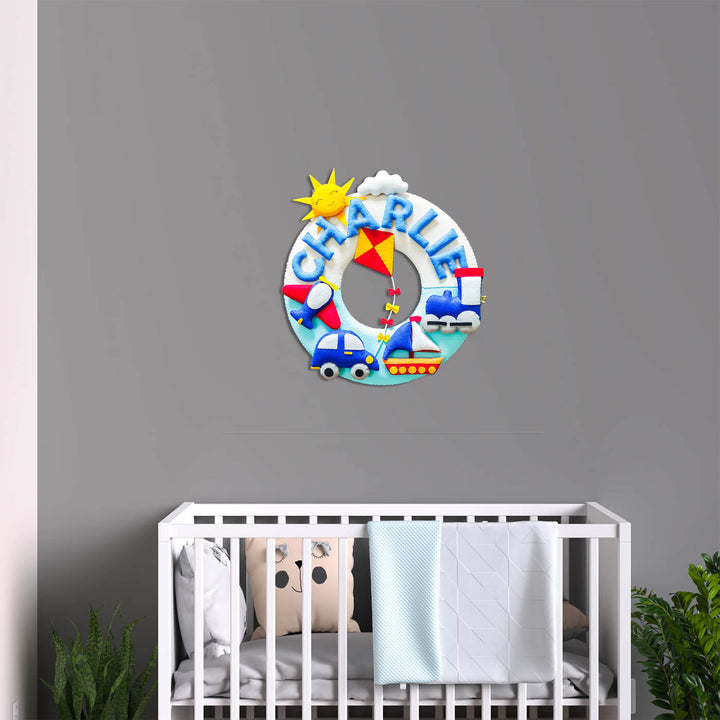 Hand Stitched Car Themed Felt Kids Name Hanging - Mounted Above Crib View